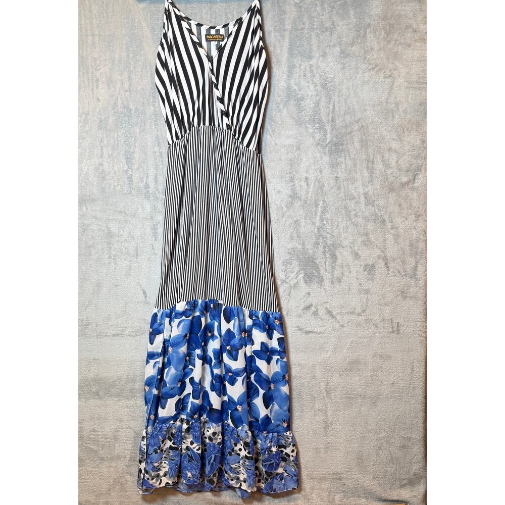 Macarena Cardenas Dress Womens S Black White Stripe Blue Floral Midi Sleeveless